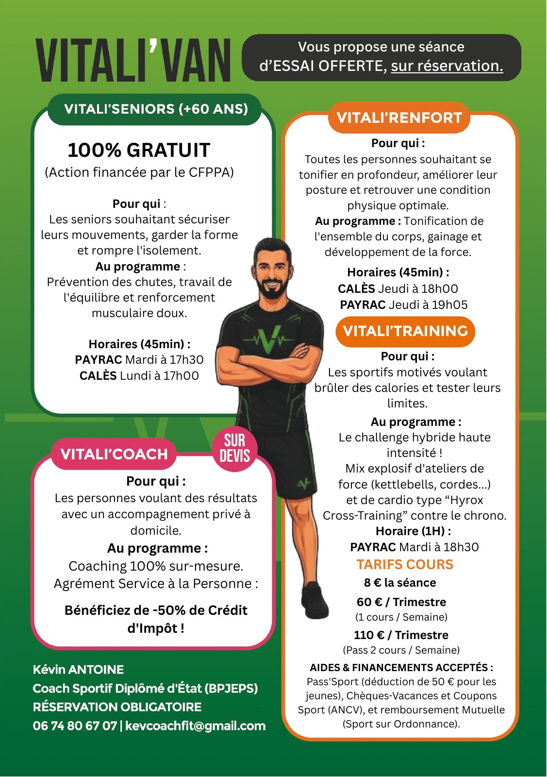 Flyer original Vitali’Van, verso : programmes, horaires, tarifs et financements.