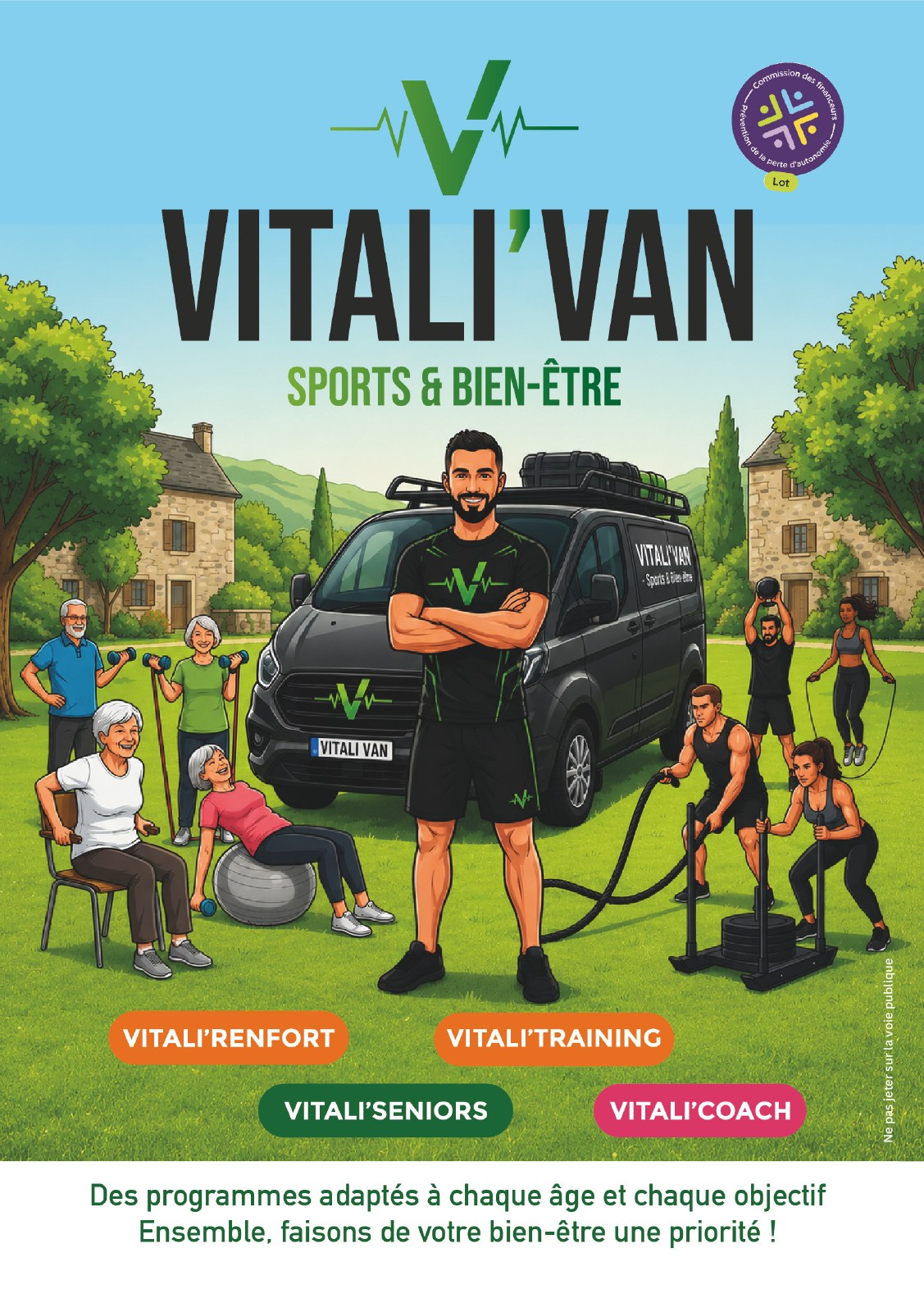 Flyer original Vitali’Van, recto : logo vert avec pulsation, van et quatre programmes.