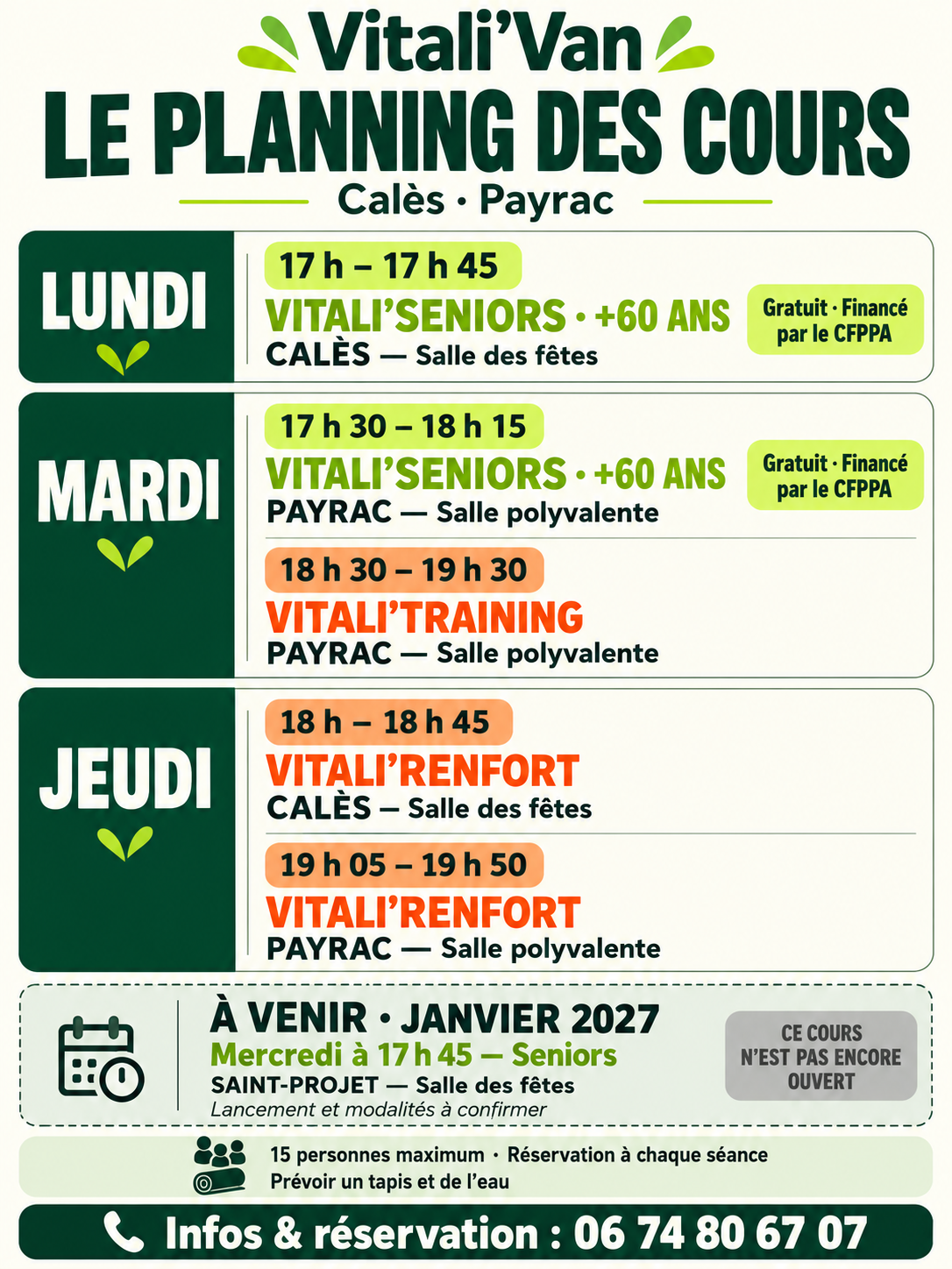 Planning Vitali’Van : lundi Seniors à Calès ; mardi Seniors et Training à Payrac ; jeudi Renfort à Calès et Payrac. Le tableau à côté reprend chaque horaire. Saint-Projet est à venir.