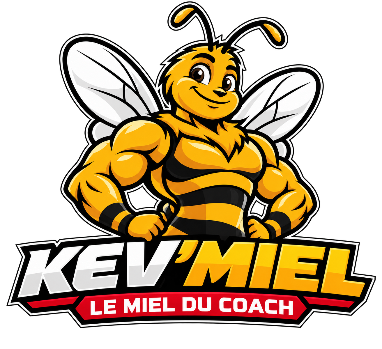 Logo Kev’Miel — Le miel du coach : une abeille coach musclée, dorée et souriante.