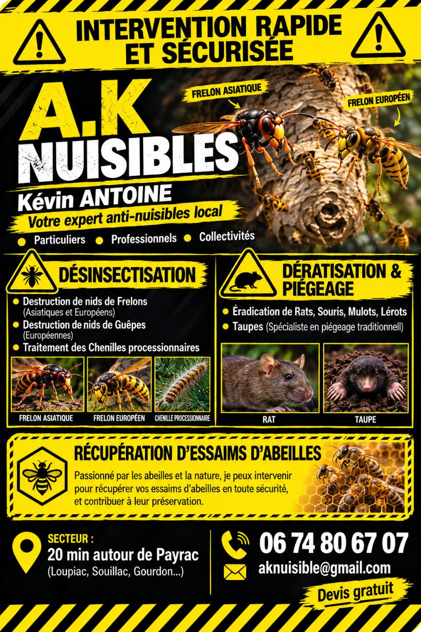 Flyer original A.K Nuisibles : désinsectisation, dératisation et piégeage, essaims d’abeilles, secteur de 20 minutes autour de Payrac, téléphone et e-mail.