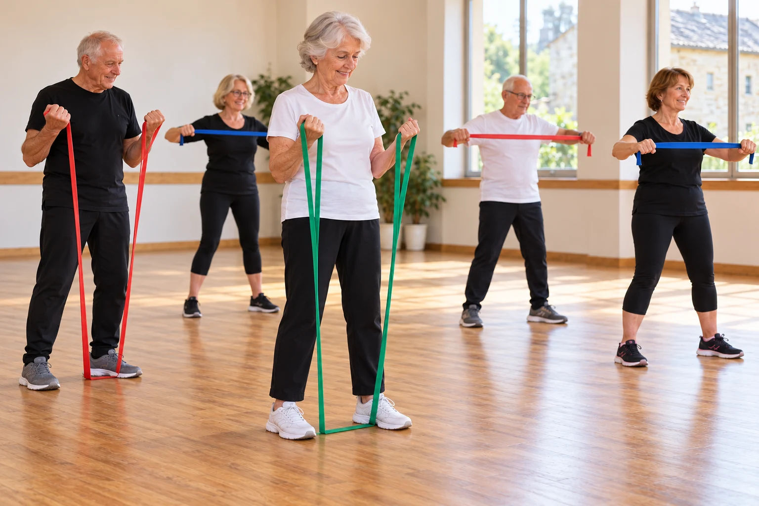 Scène fictive : seniors debout effectuant des exercices avec des bandes élastiques en salle.